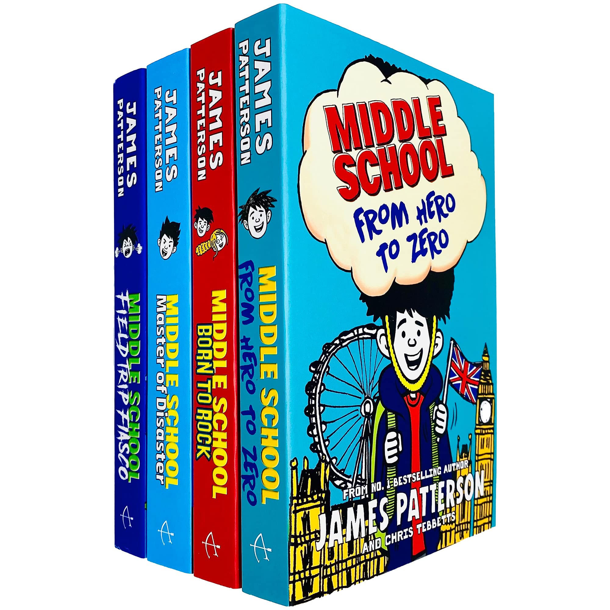 Middle School Series Books 10-13 Collection Set by James Patterson - From Hero to Zero, Born to Rock, Master of Disaster, Field Trip Fiasco - Paperback - Ages 9-14