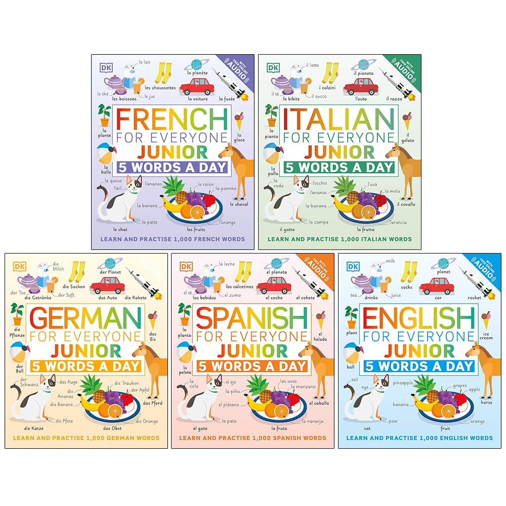 5 Words a Day 5 Books Collection Set by DK - French, Italian, German, Spanish and English Junior workbooks, Flexibound, Ages 6-9
