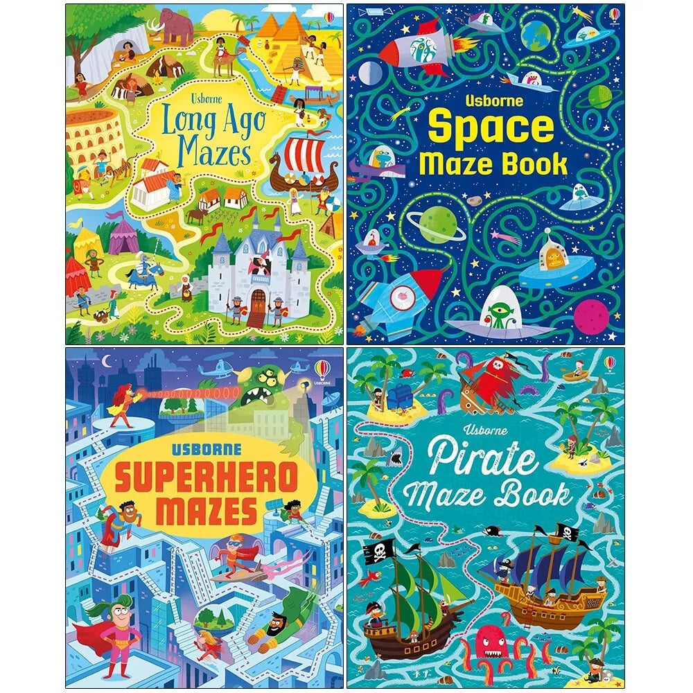 Usborne Maze Series 4 Books Collection Set (Superhero, Pirate, Long Ago, Space Maze) - Lets Buy Books