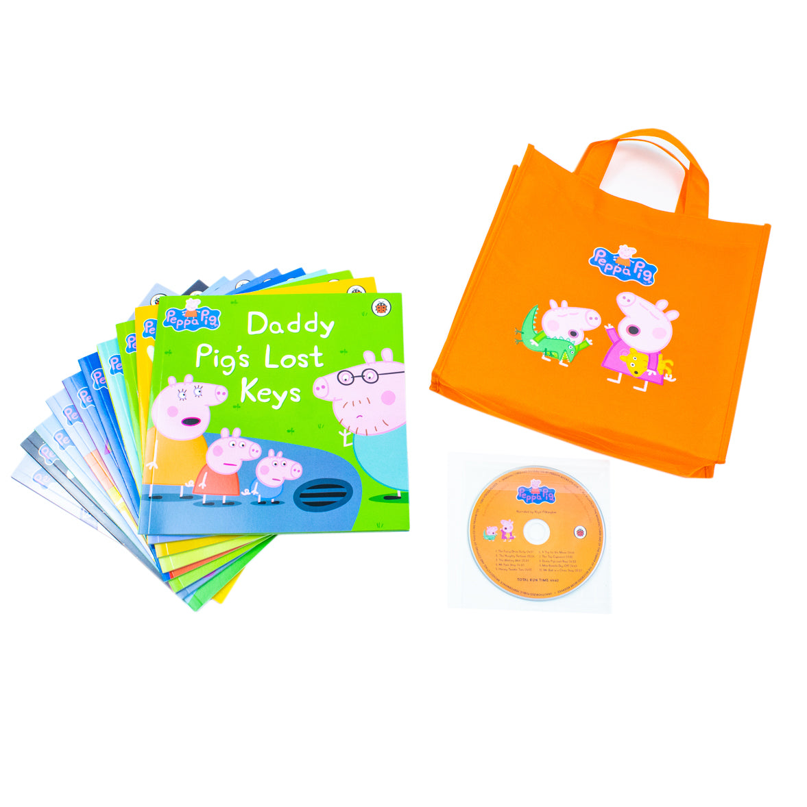 Peppa Pig Orange Bag 10 Books Collection Set including CD (The Toy Cupboard, A Trip to the Moon, Horsey Twinkle Toes, Mr Fox’s Shop,Wishing Well, The Naughty Tortoise, The Fancy Dress Party & More) - Lets Buy Books