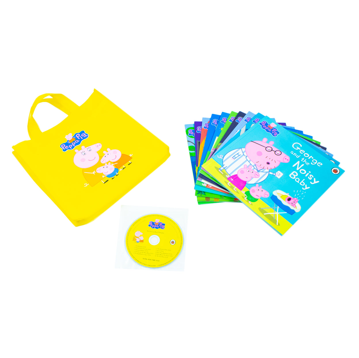 Peppa Pig Yellow Bag 10 Books Collection Set including CD (The Train Ride, Pedro’s Pirate Treasure, George and the Noisy Baby, The Rainbow, George’s Balloon, Peppa Meets the Queen & More) - Lets Buy Books