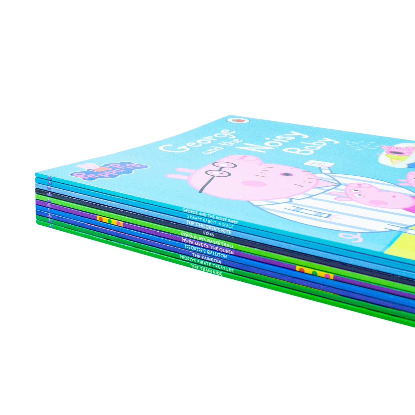 Peppa Pig Yellow Bag 10 Books Collection Set including CD (The Train Ride, Pedro’s Pirate Treasure, George and the Noisy Baby, The Rainbow, George’s Balloon, Peppa Meets the Queen & More) - Lets Buy Books