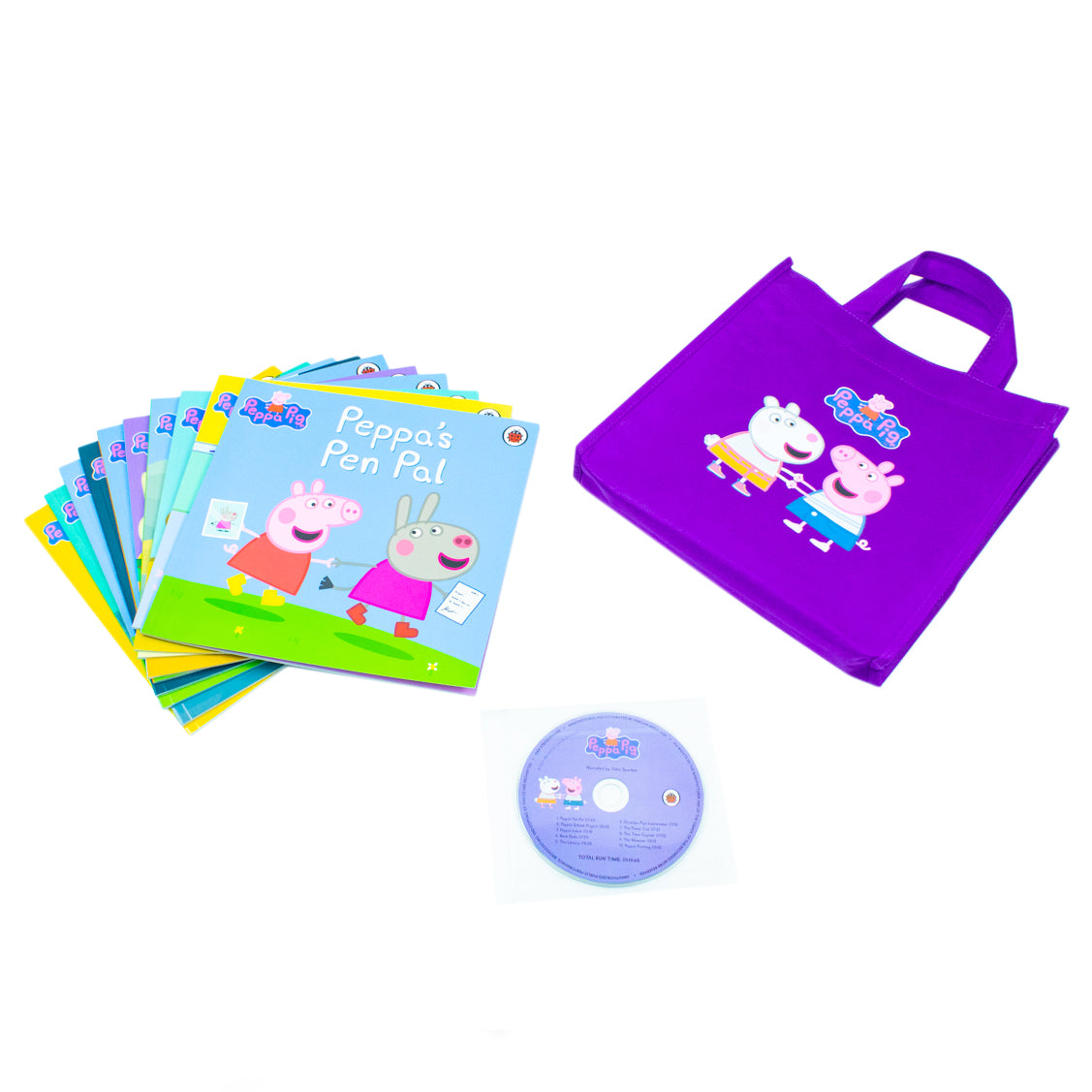 Peppa Pig Purple Bag 10 Books Collection Set including CD (Peppa's Painting, Museum, Time Capsule, Power Cut, Grandpa Pig's Lawnmower) - Lets Buy Books