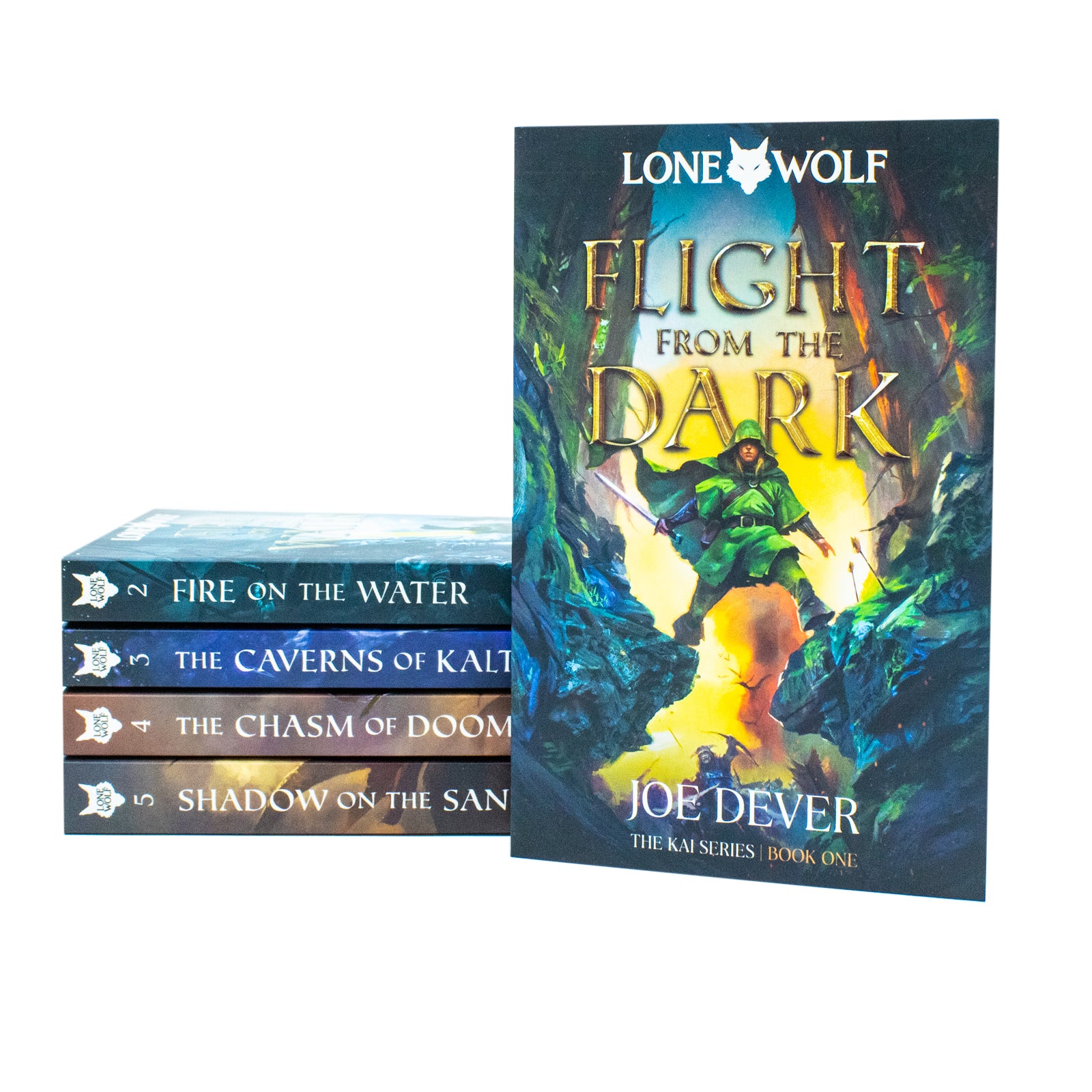 Lone Wolf Series Books 1 - 5 Collection Set by Joe Dever (Flight from the Dark, Fire on the Water, Caverns of Kalte, Chasm of Doom & Shadow on the Sand) - Lets Buy Books