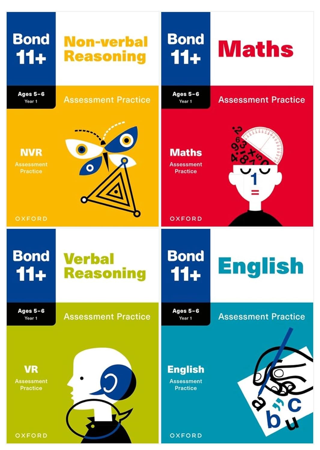 Bond 11+ Maths English Verbal Non-Verbal Reasoning Assessment Practice 5-6 years (Bond Assessment Papers) 4 Books Set - Lets Buy Books