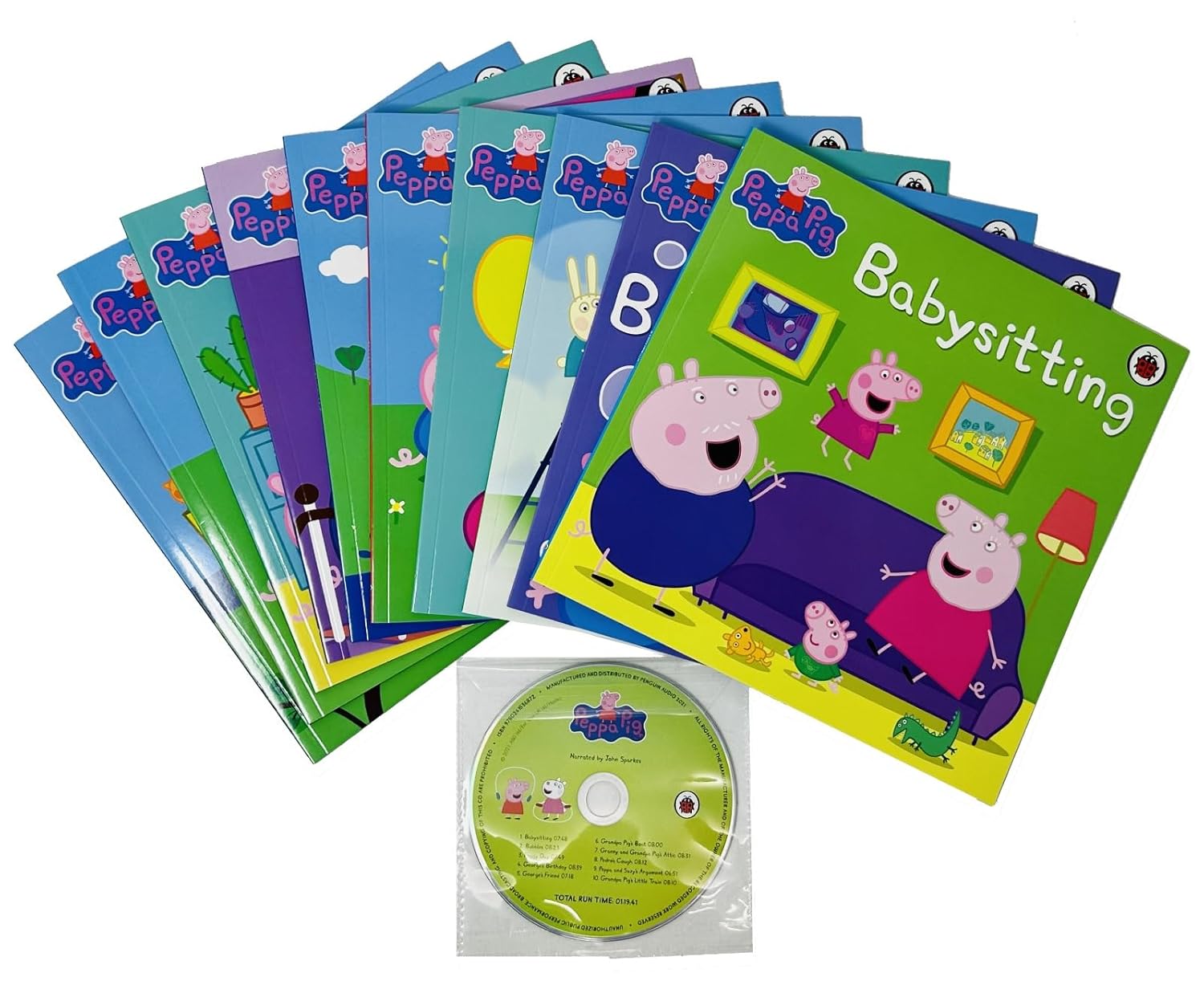 Peppa Pig Lime Bag 10 Books Collection Set including CD (Grandpa Pig’s Little Train,Peppa and Suzy’s Argument, Pedro’s Cough,Granny and Grandpa Pig’s Attic,Grandpa Pig’s Boat,George’s Friend & More) - Lets Buy Books