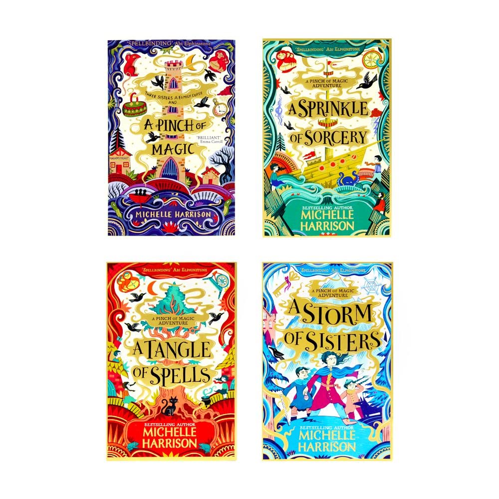 A Pinch of Magic, A Sprinkle of Sorcery, A Storm of Sisters and A Tangle of Spells paperback covers by Michelle Harrison