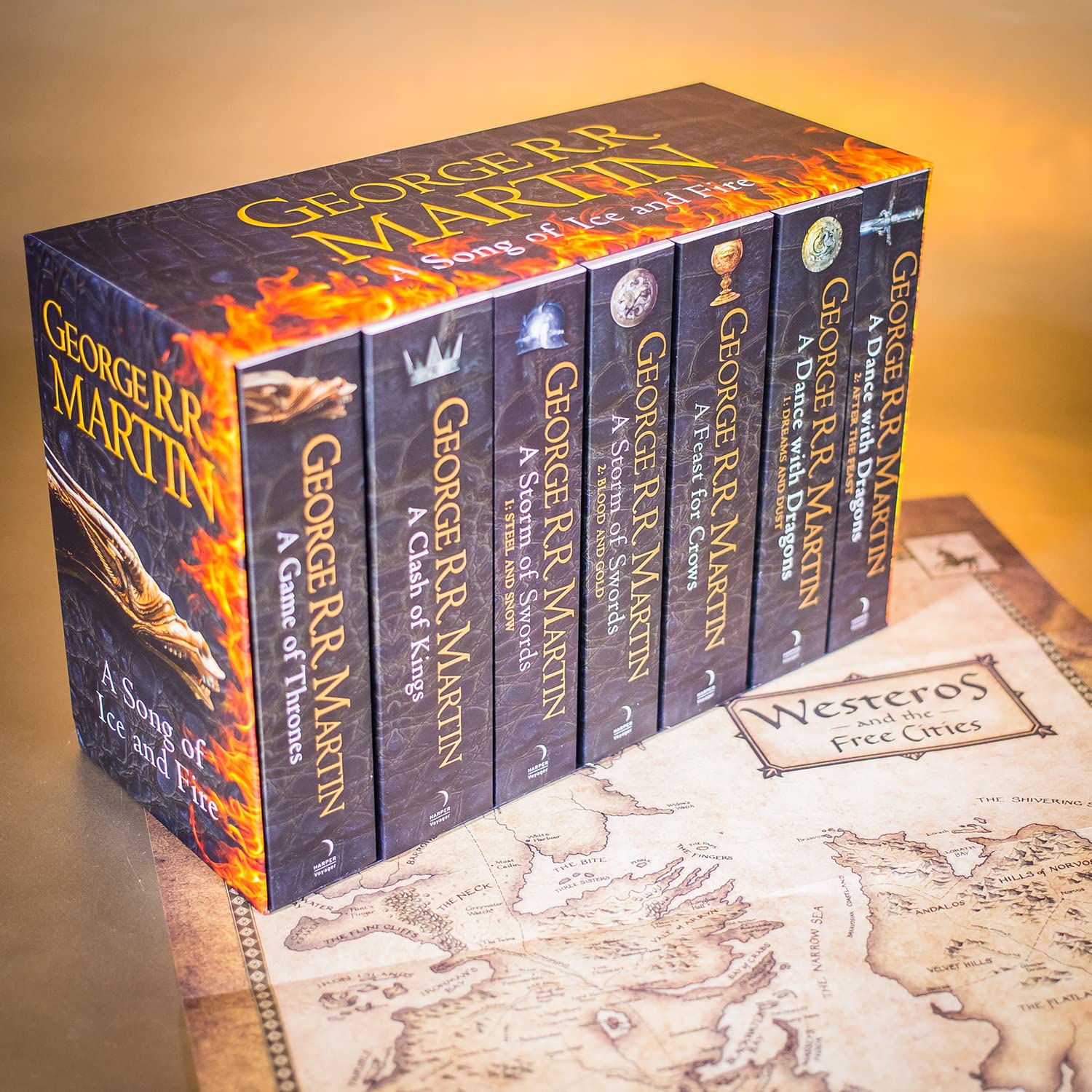 A Song of Ice and Fire box set spines showing all 7 paperback volumes by George R.R. Martin