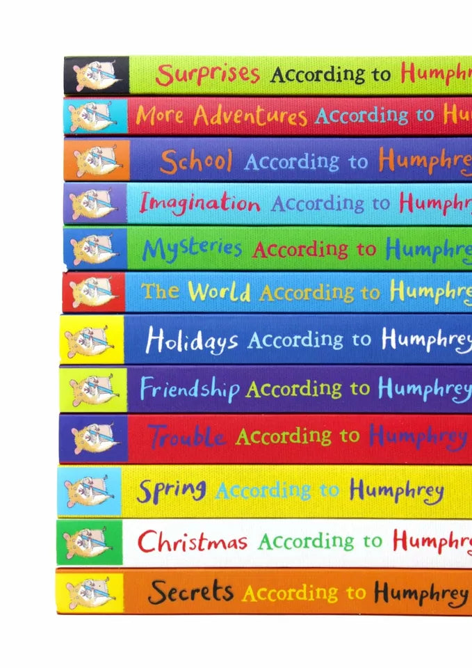 According to Humphrey series paperback book covers by Betty G. Birney - 12 book chapter set for ages 7-9