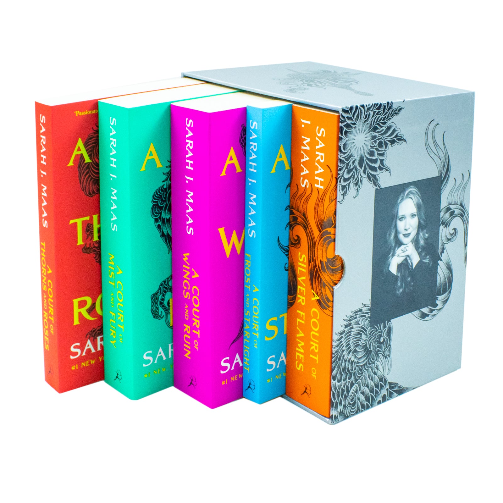 A Court of Thorns and Roses paperback box set showing all five books by Sarah J. Maas
