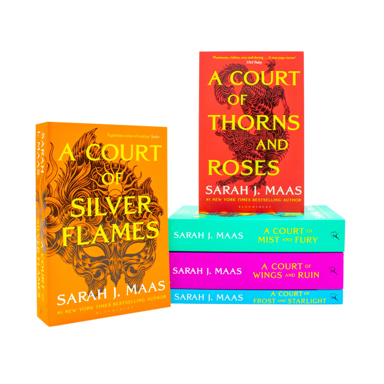 Close up of A Court of Thorns and Roses paperback books in the 5 book collection set