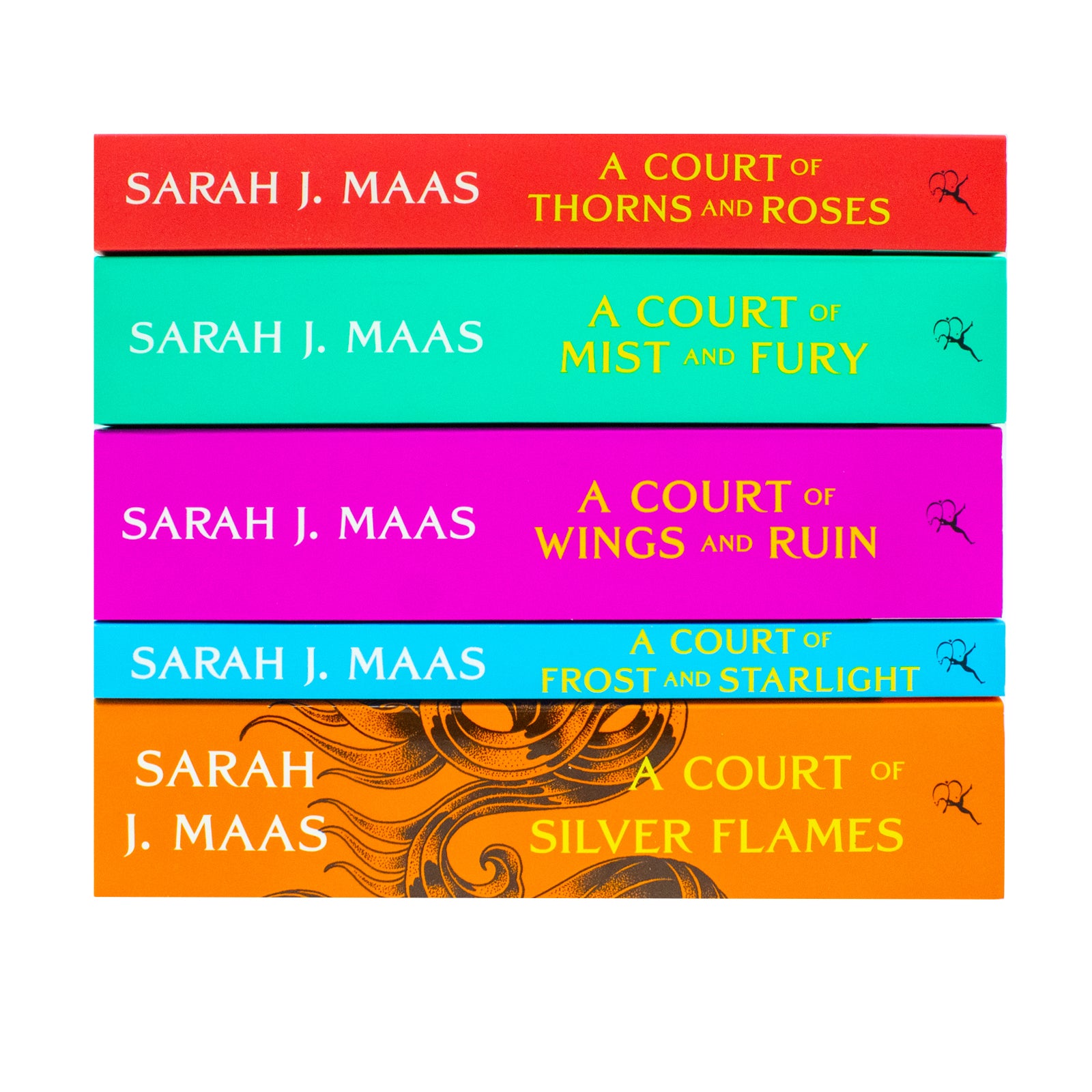 Angled view of the A Court of Thorns and Roses 5 book paperback collection set