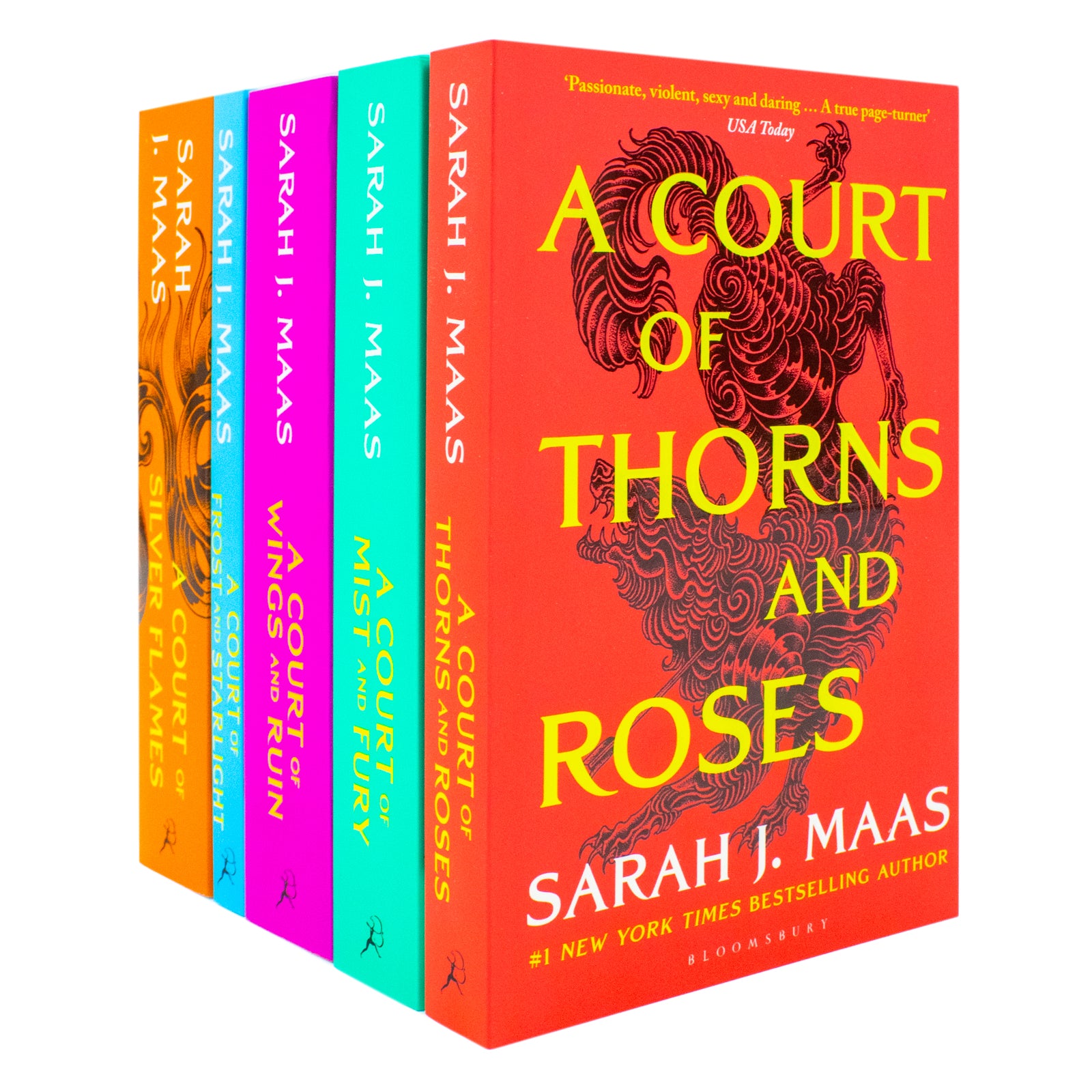 Spines of the A Court of Thorns and Roses 5 book paperback set by Sarah J. Maas
