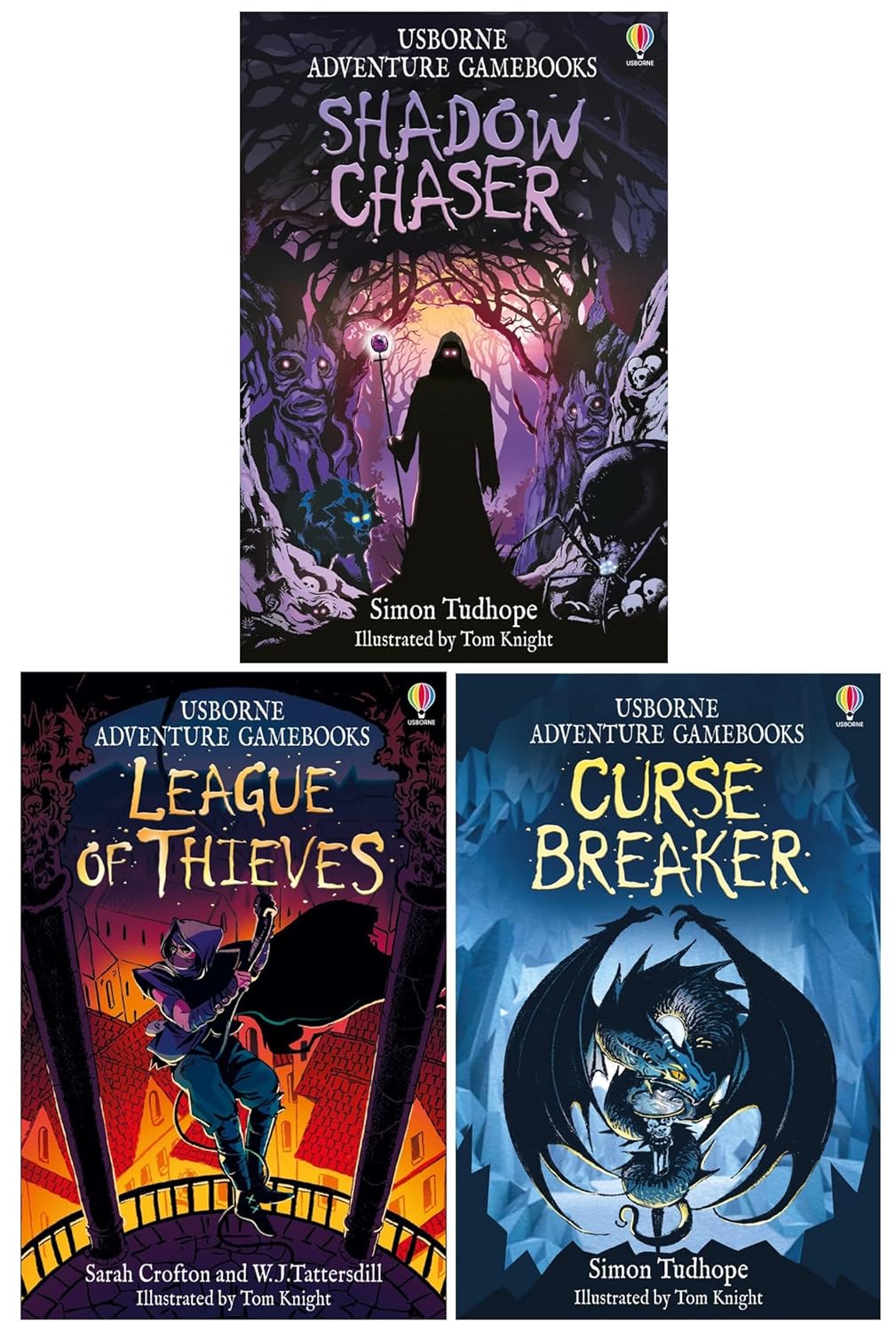 Back cover of Adventure Gamebooks paperback set by Simon Tudhope featuring Shadow Chaser, League of Thieves and Curse Breaker