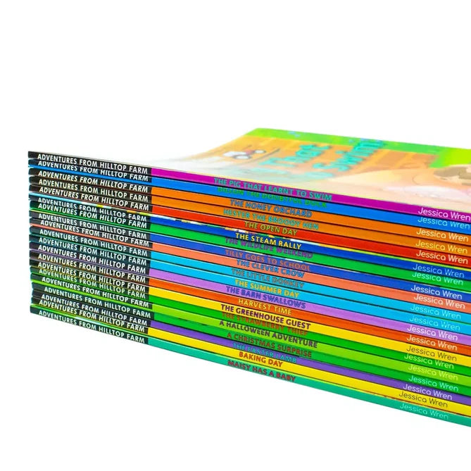 Hilltop Farm paperback book collection showing farm animal story titles by Jessica Wren