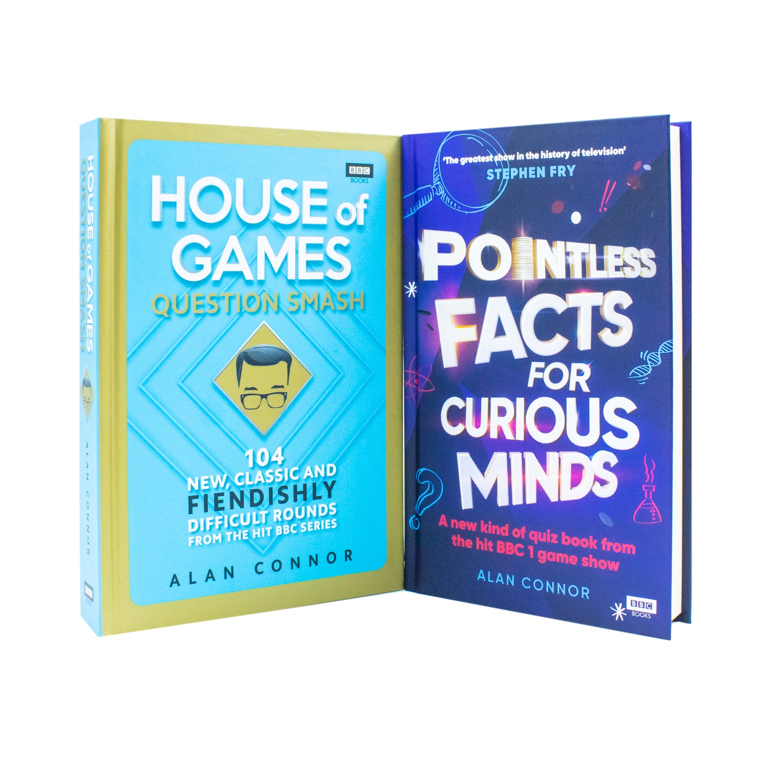 Front covers of Alan Connor's House of Games Question Smash paperback and Pointless Facts for Curious Minds hardback quiz books