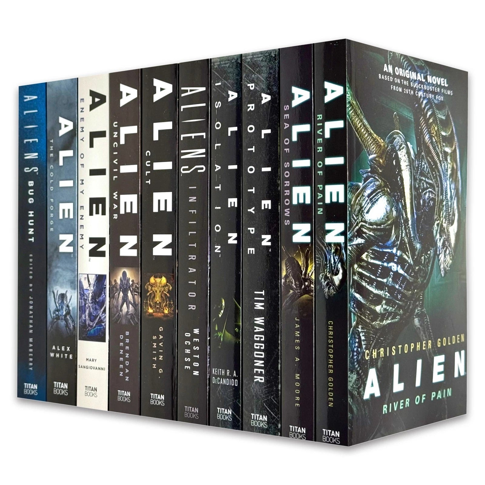 Alien Series 10 Books Collection Set paperback front cover, including River of Pain, Sea of Sorrows and Isolation