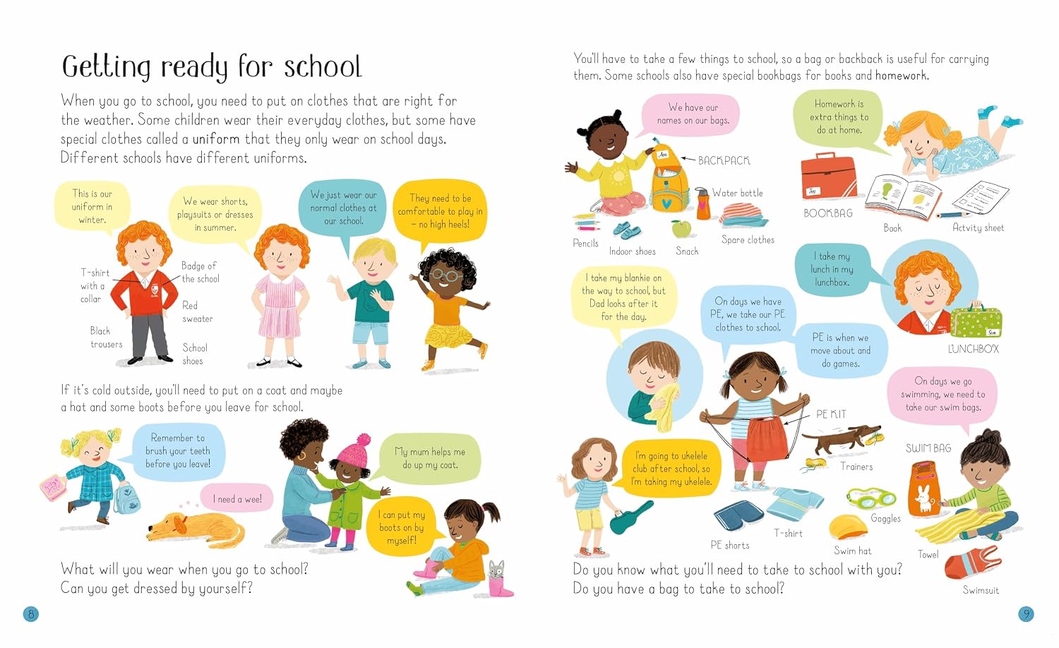 All About Starting School by Felicity Brooks - illustrated inside pages showing school day activities