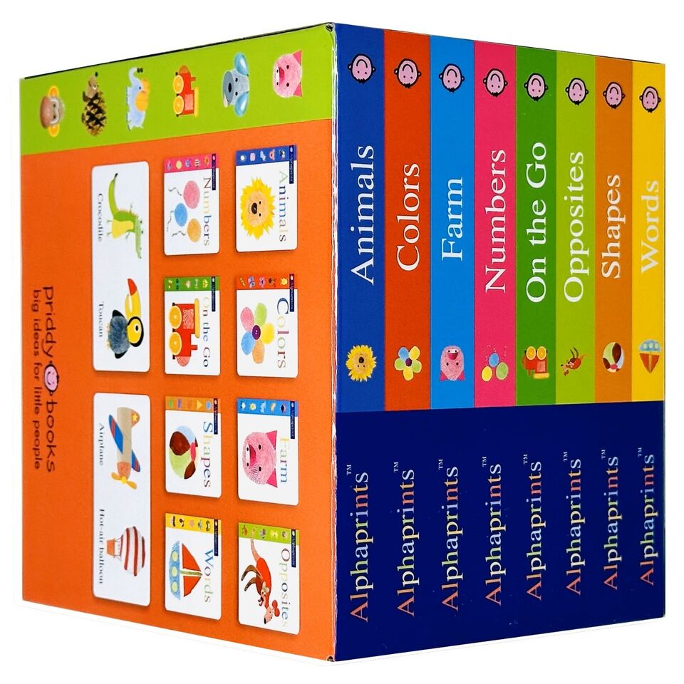 Alphaprints Library board book titles - Animals, Colors, Farm, Numbers, On the Go, Opposites, Shapes, Words