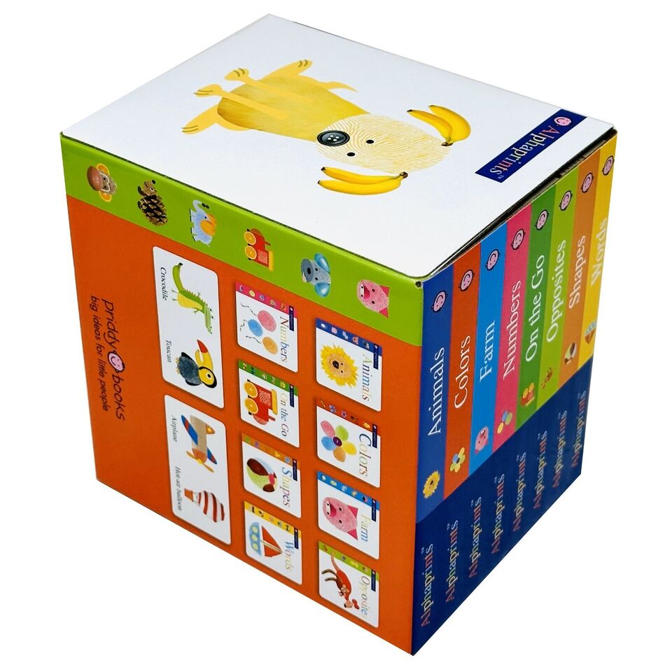 Alphaprints Library board book with embossed fingerprint illustrations for babies