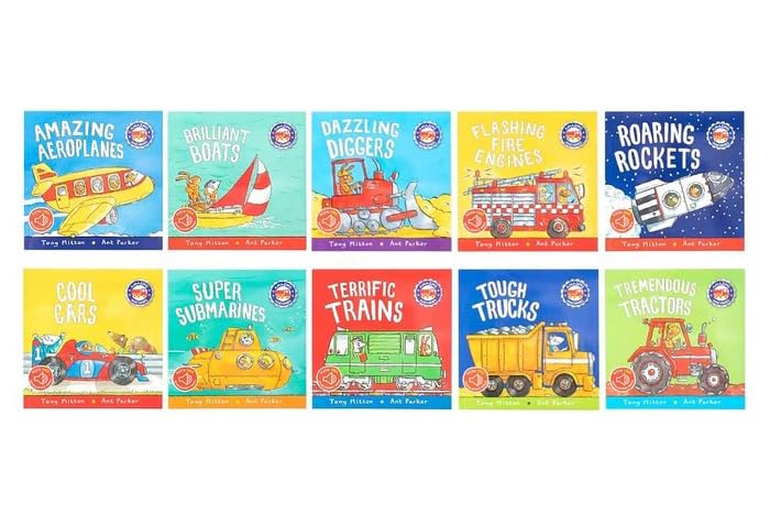 Inside pages of Amazing Machines picture books by Tony Mitton and Ant Parker showing rhyming text and illustrations