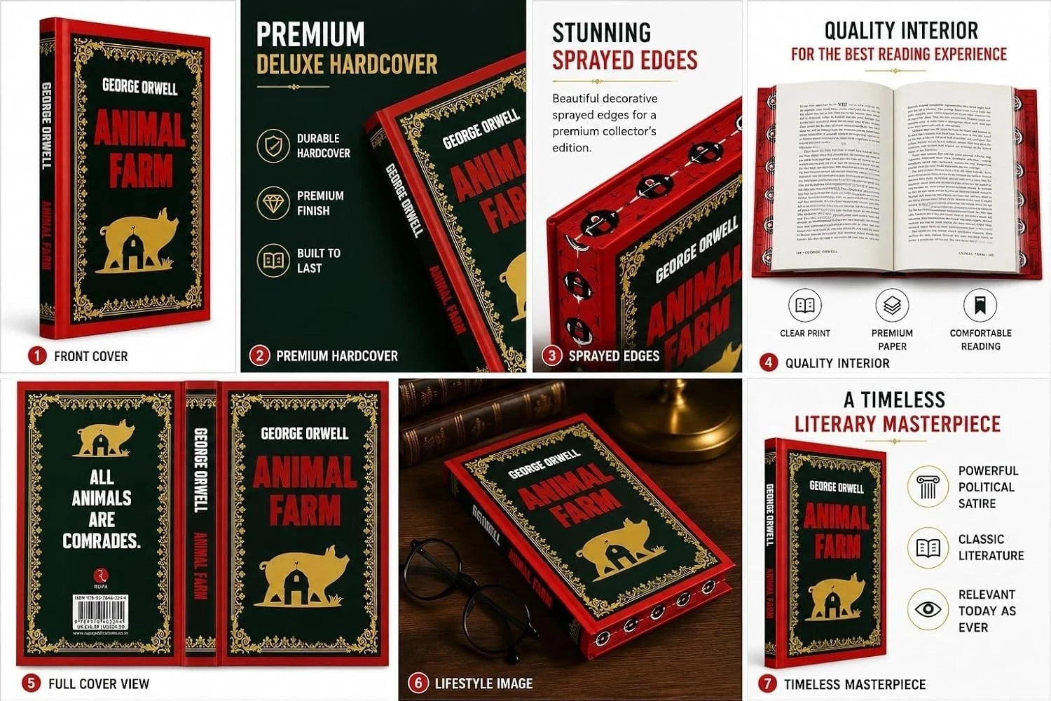 Animal Farm by George Orwell, deluxe hardback edition front cover with sprayed edges