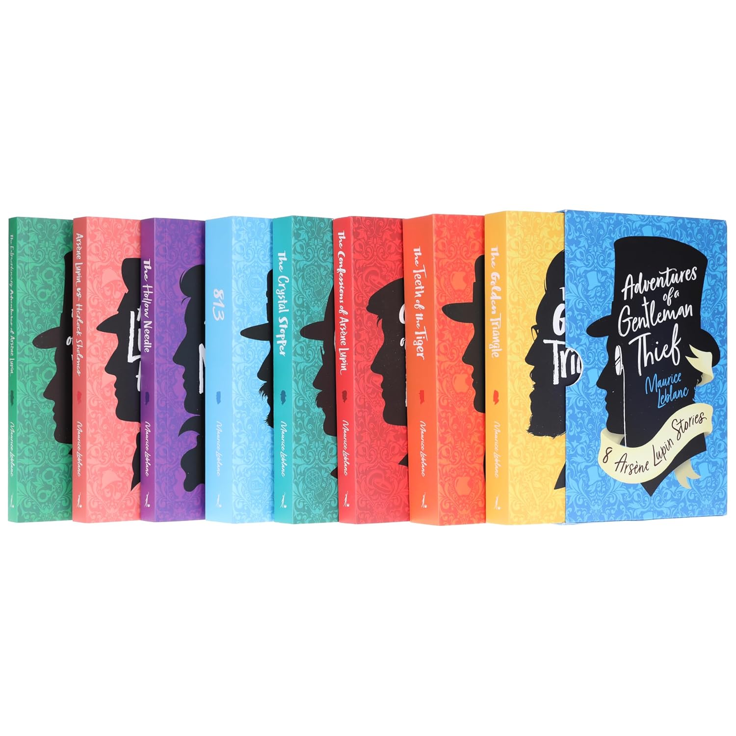Close-up of Arsène Lupin paperback book covers - Maurice Leblanc 8 book box set