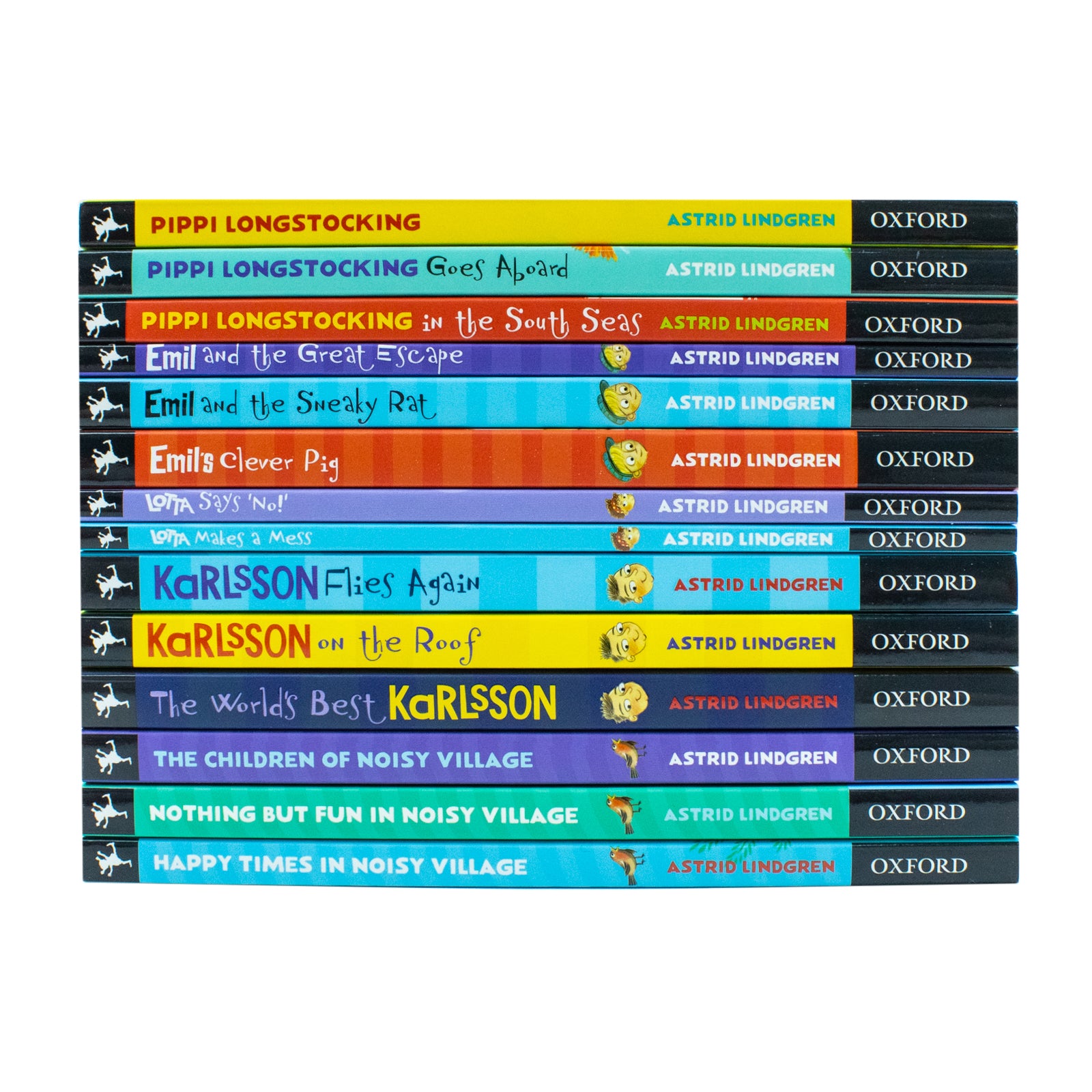 Astrid Lindgren 14 Book Set - Pippi Longstocking and Emil paperback childrens books stacked
