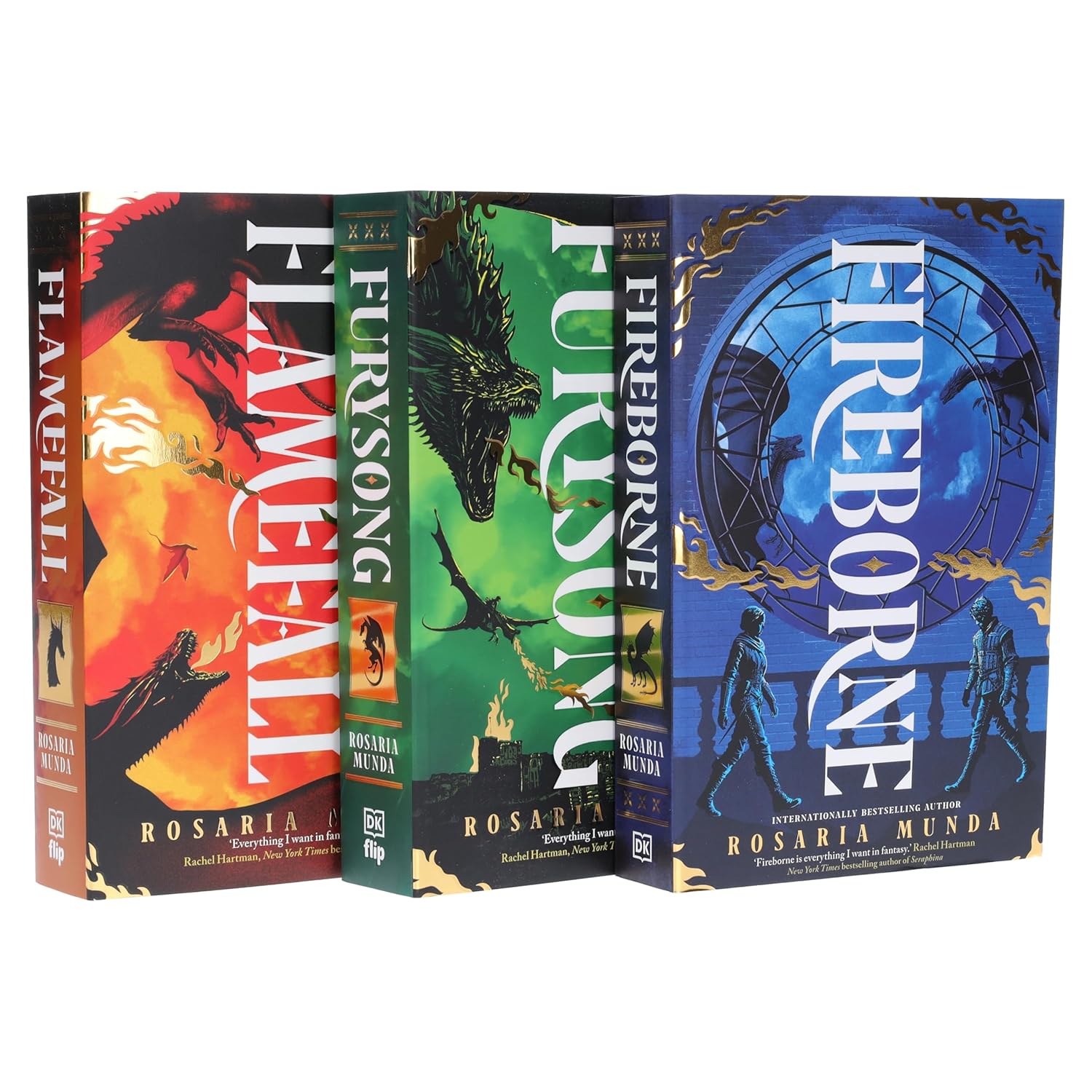 Close-up cover detail of The Aurelian Cycle trilogy paperback books by Rosaria Munda