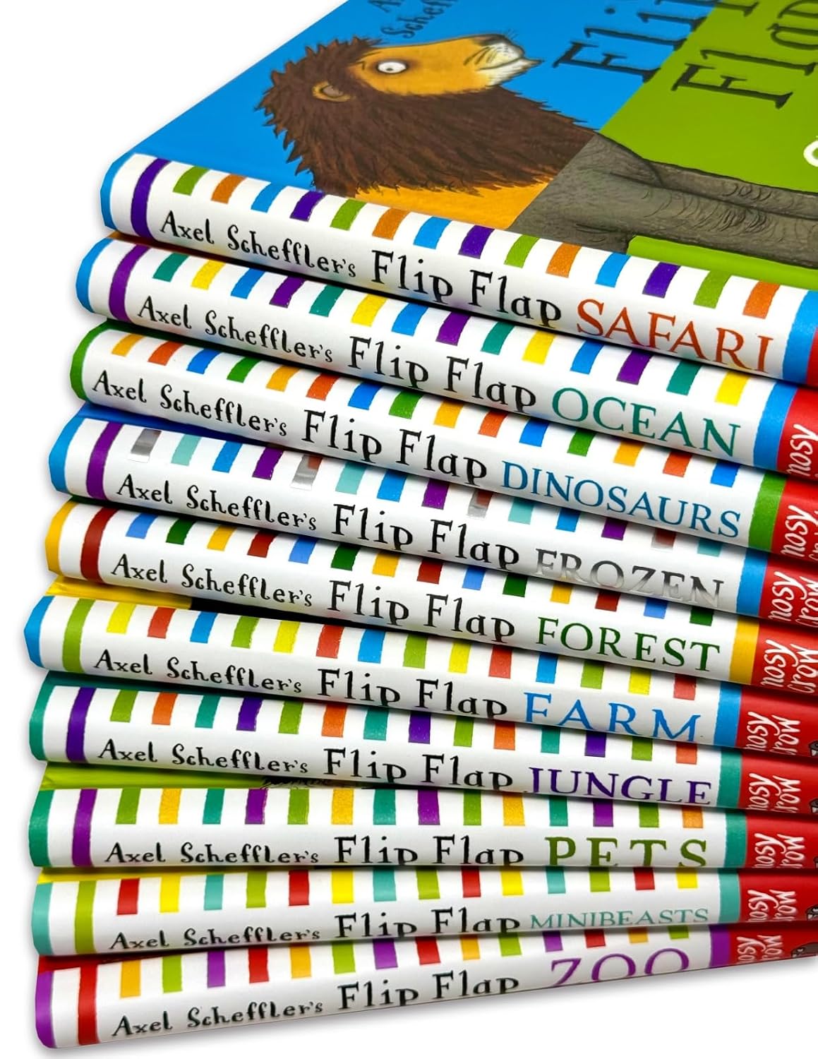 Interactive split-page flap spread from Axel Scheffler's Flip Flap board book series