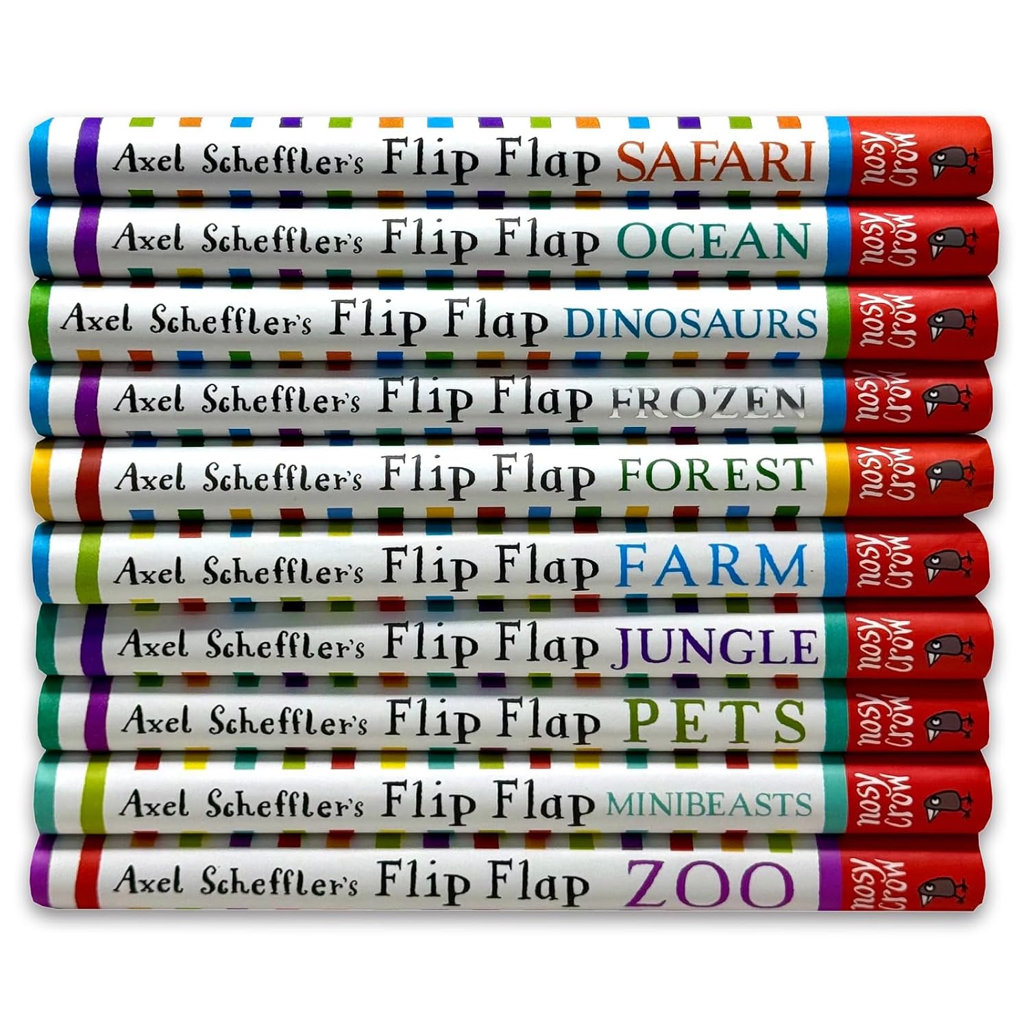 Flip Flap Farm, Jungle, Zoo, Safari, Ocean, Dinosaurs, Frozen and Forest board book titles by Axel Scheffler