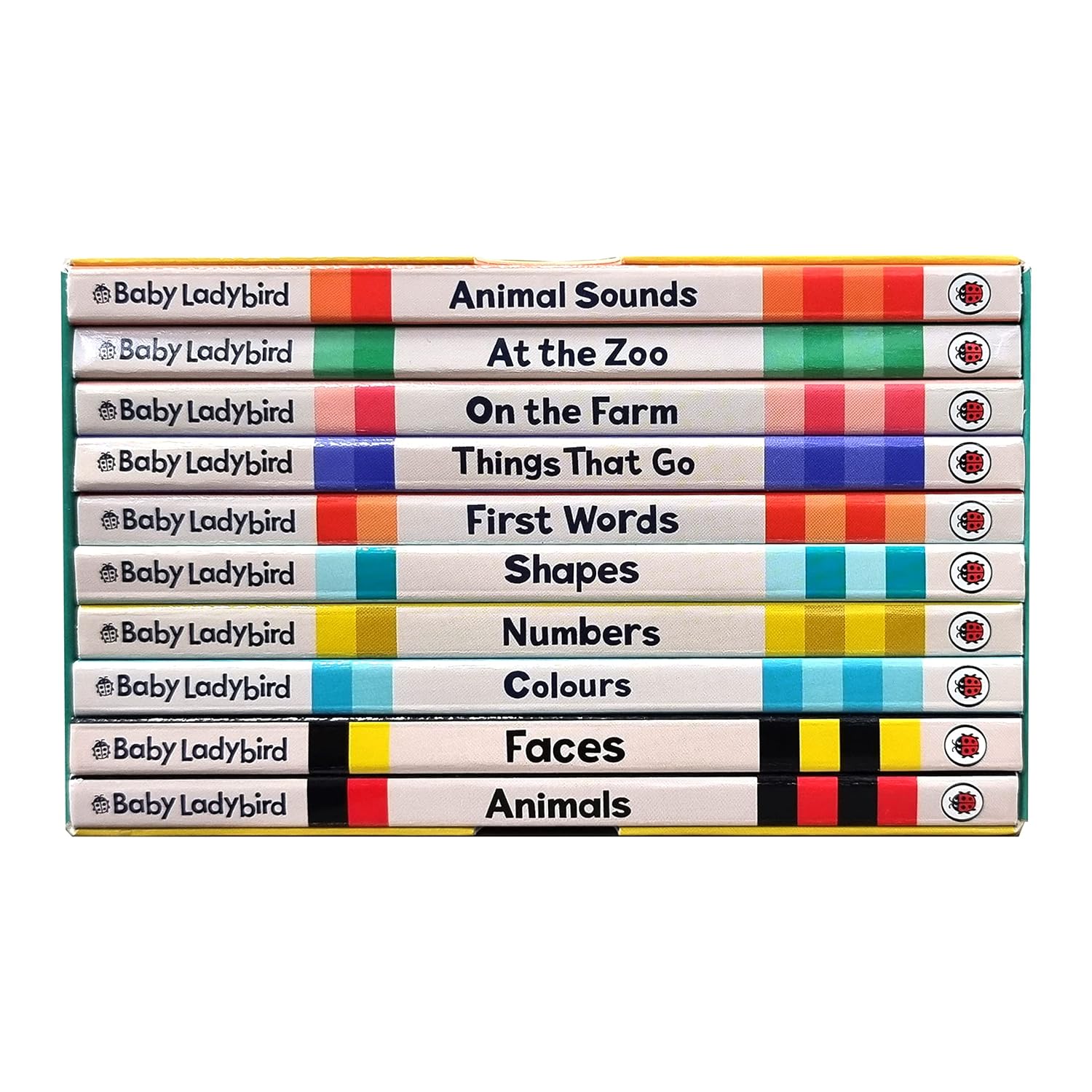 A Baby Ladybird Library board book set showing individual titles including Numbers, Shapes, First Words and Animal Sounds