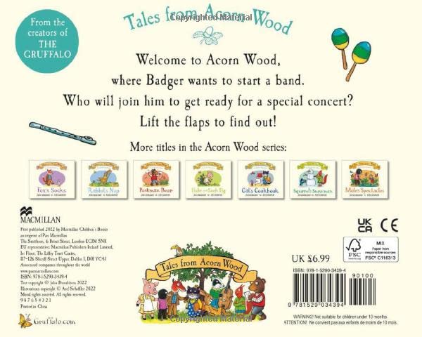 Badger's Band board book back cover, Tales From Acorn Wood series by Julia Donaldson and Axel Scheffler