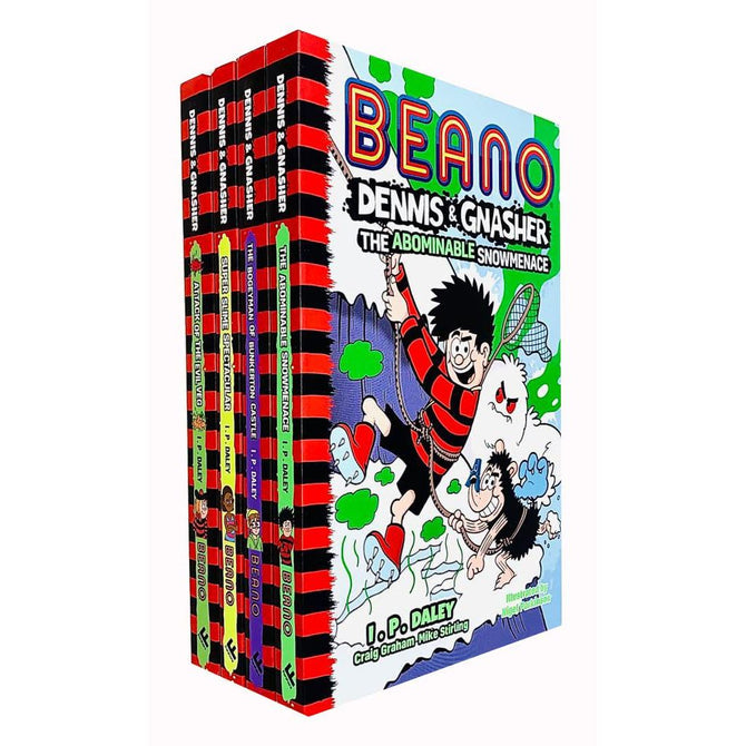 Beano Dennis and Gnasher Series 4 Books Collection Set by I.P. Daley - Paperback chapter books for ages 7-9, including The Abominable Snowmenace, Attack of the Evil Veg, Super Slime Spectacular and The Bogeyman of Bunkerton Castle