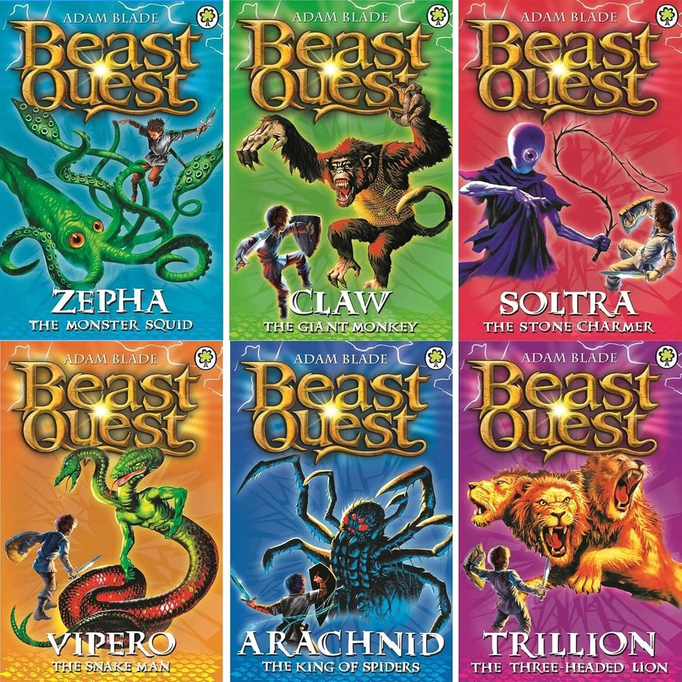Beast Quest 30 book set spine view showing all five story arcs by Adam Blade