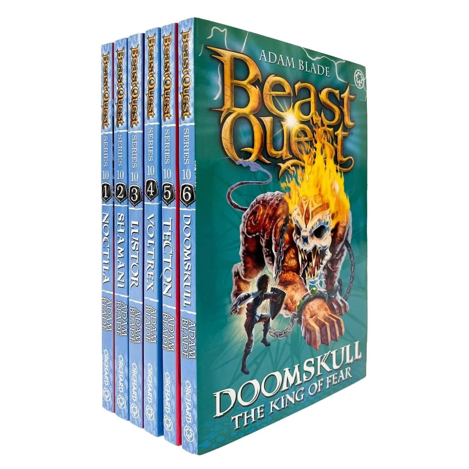 Beast Quest Series 10 Master of the Beasts 6 Books Paperback Collection Set by Adam Blade, featuring Lustor the Acid Dart, for ages 7-9