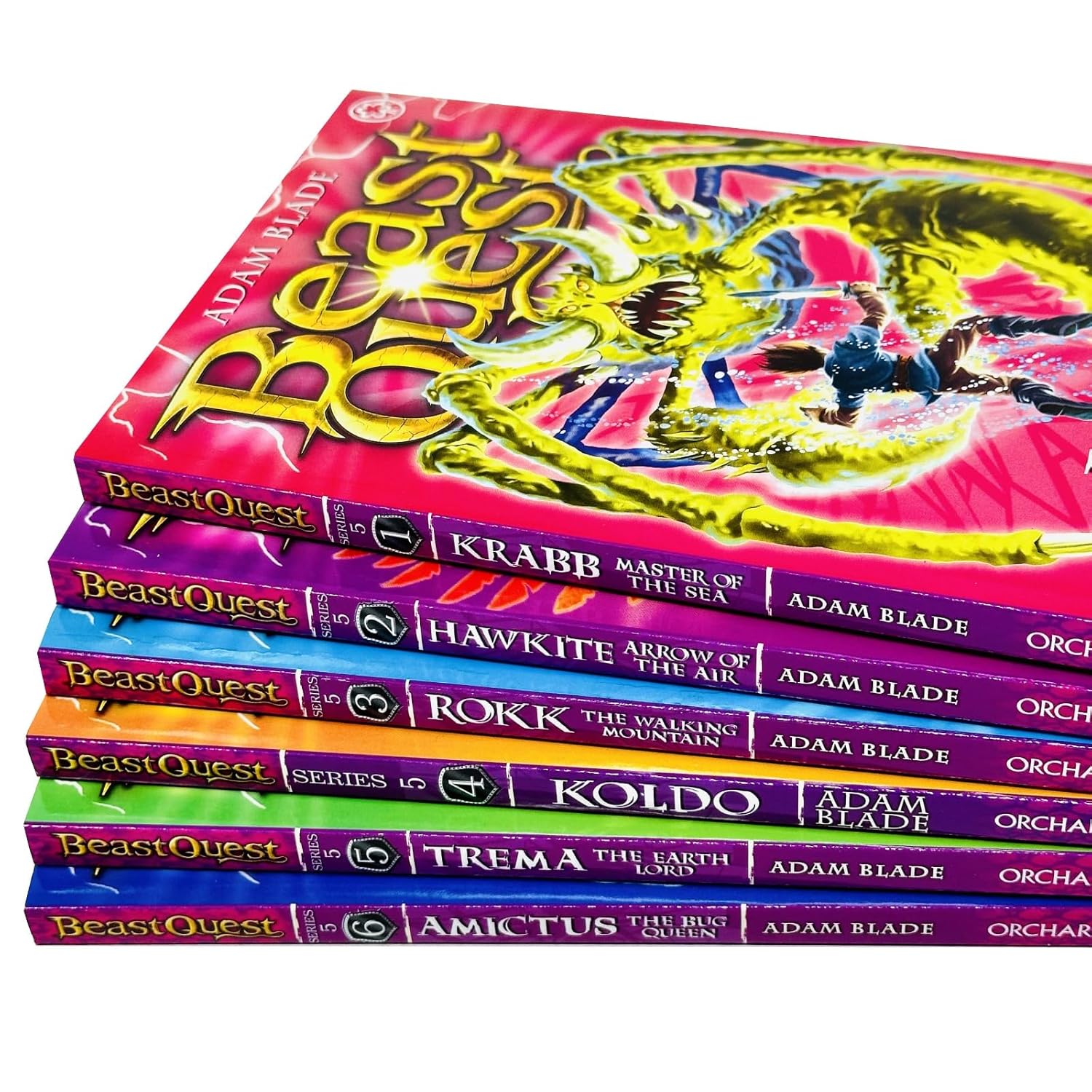 Beast Quest Series 5 6 book set showing Rokk The Walking Mountain, Hawkite Arrow Of The Air and Krabb paperbacks