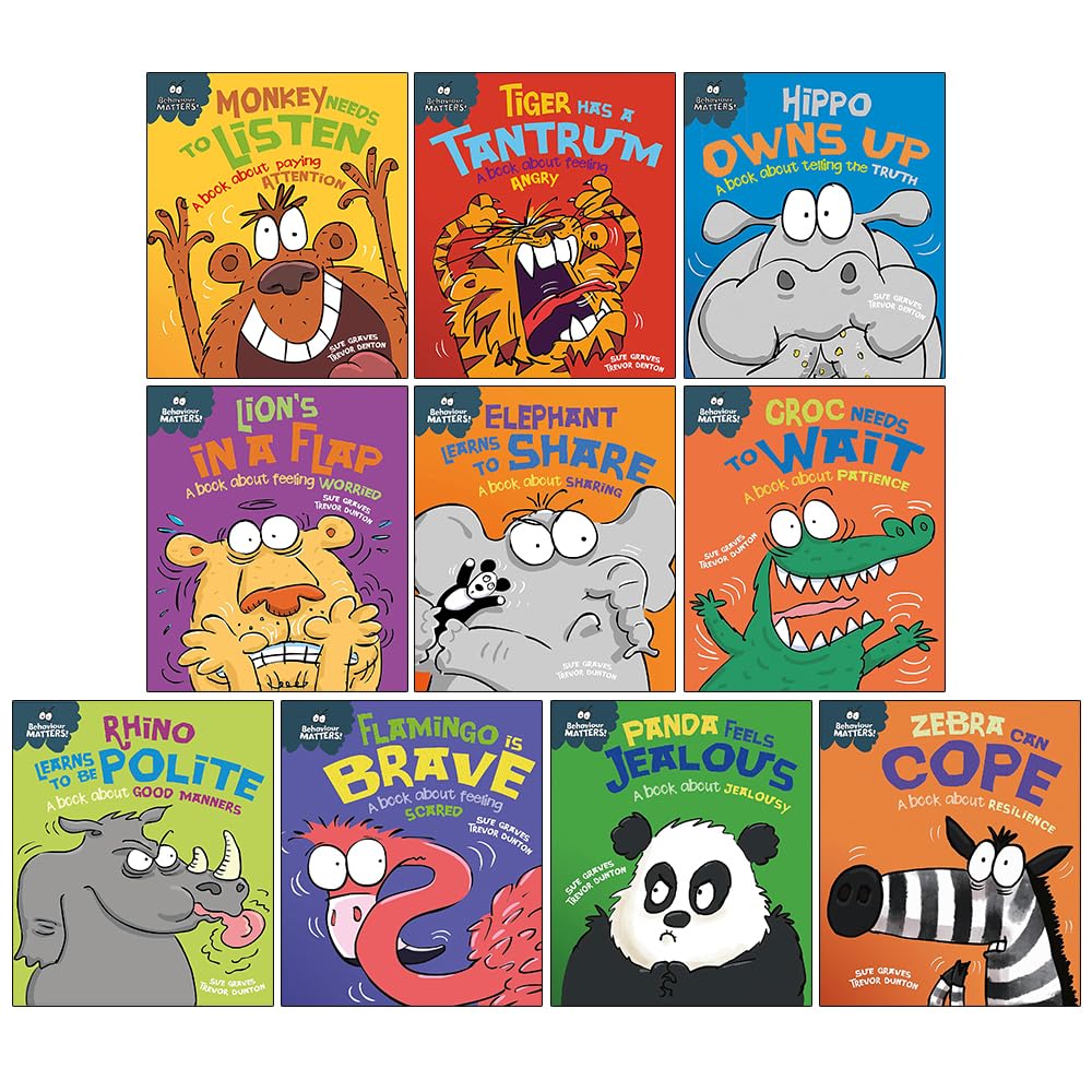 Behaviour Matters paperback set covers including Elephant Learns to Share and Lion's in a Flap by Sue Graves