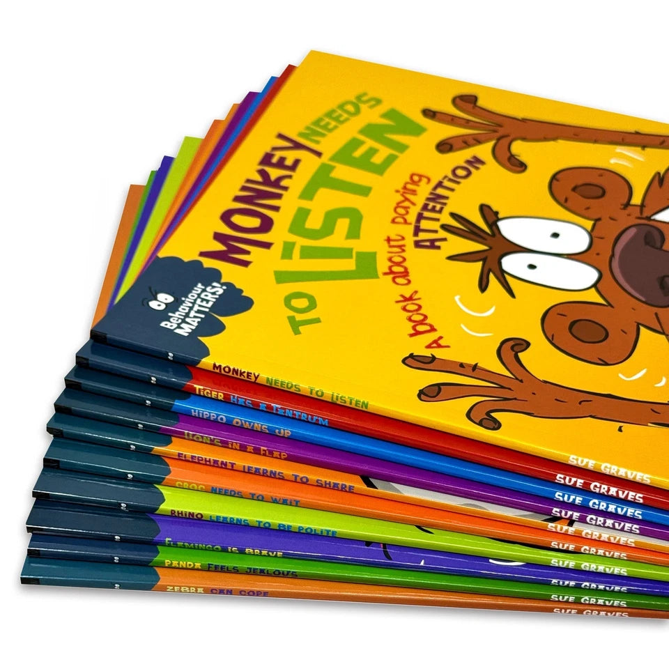 Behaviour Matters paperback books Croc Needs to Wait and Rhino Learns to be Polite by Sue Graves