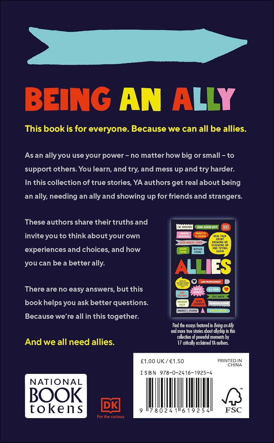 Being an Ally: World Book Day 2023 paperback inside pages showing true stories of allyship, Young Adult nonfiction, Ages 14-18