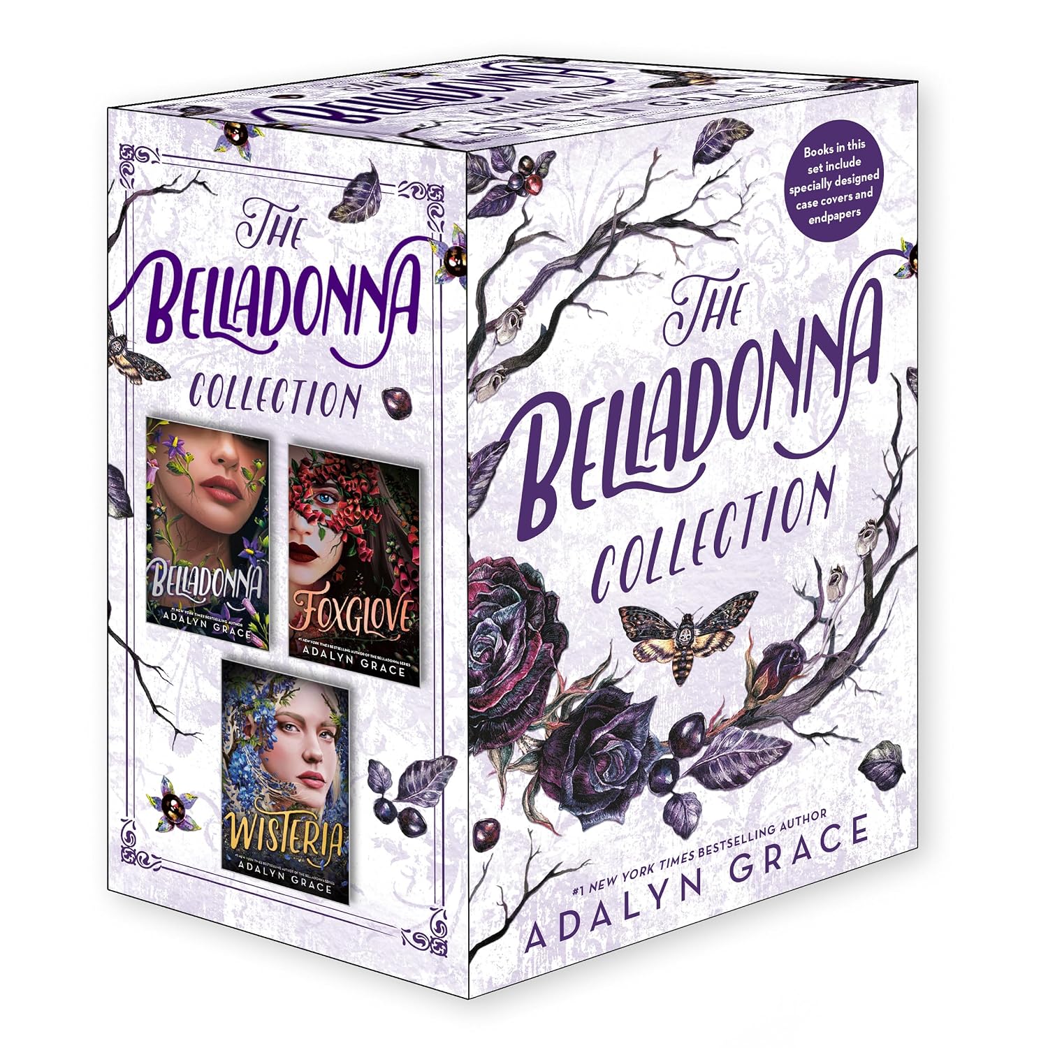 The three hardback books in the Belladonna Collection by Adalyn Grace displayed together