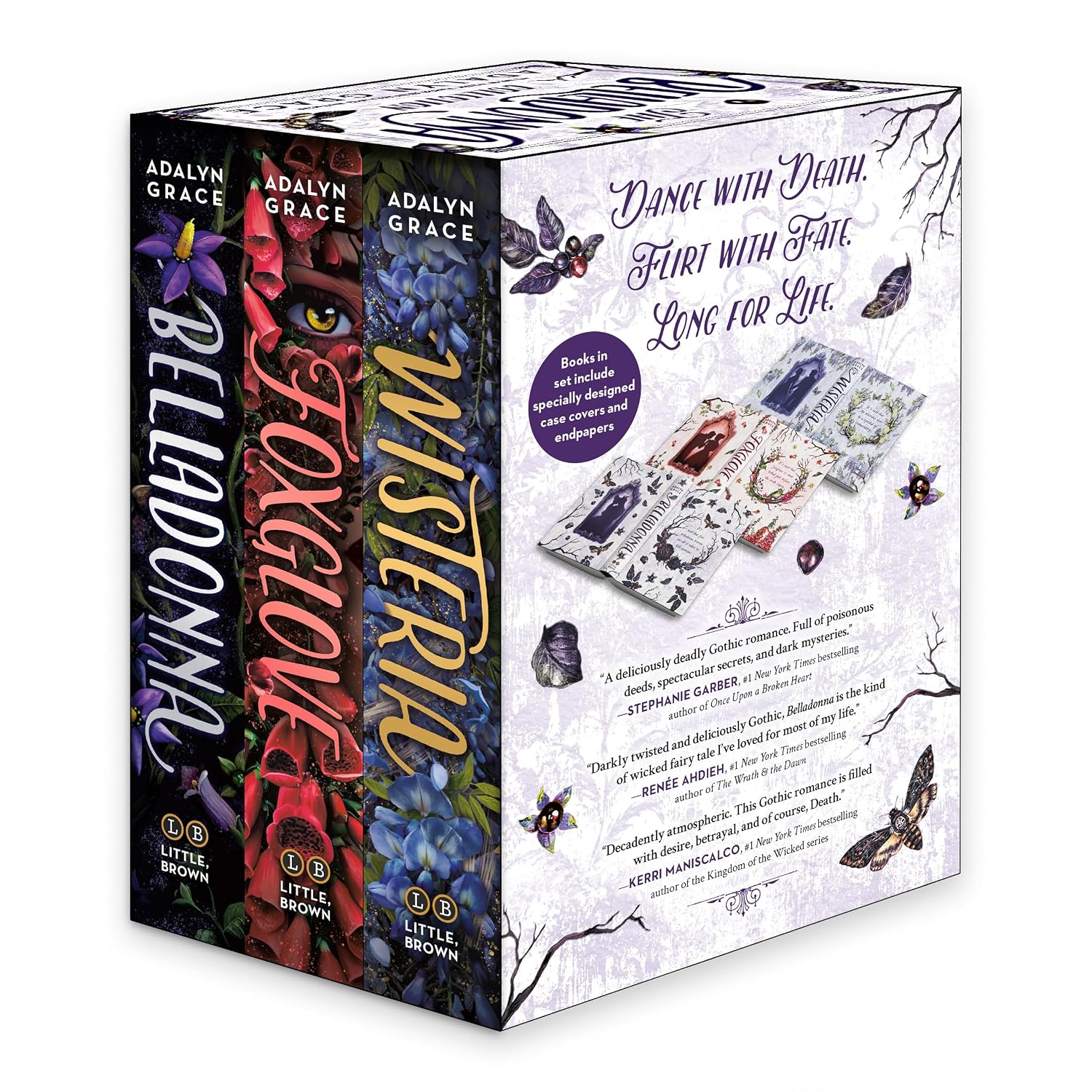 Belladonna Collection hardback boxed set spines showing Belladonna, Foxglove and Wisteria by Adalyn Grace