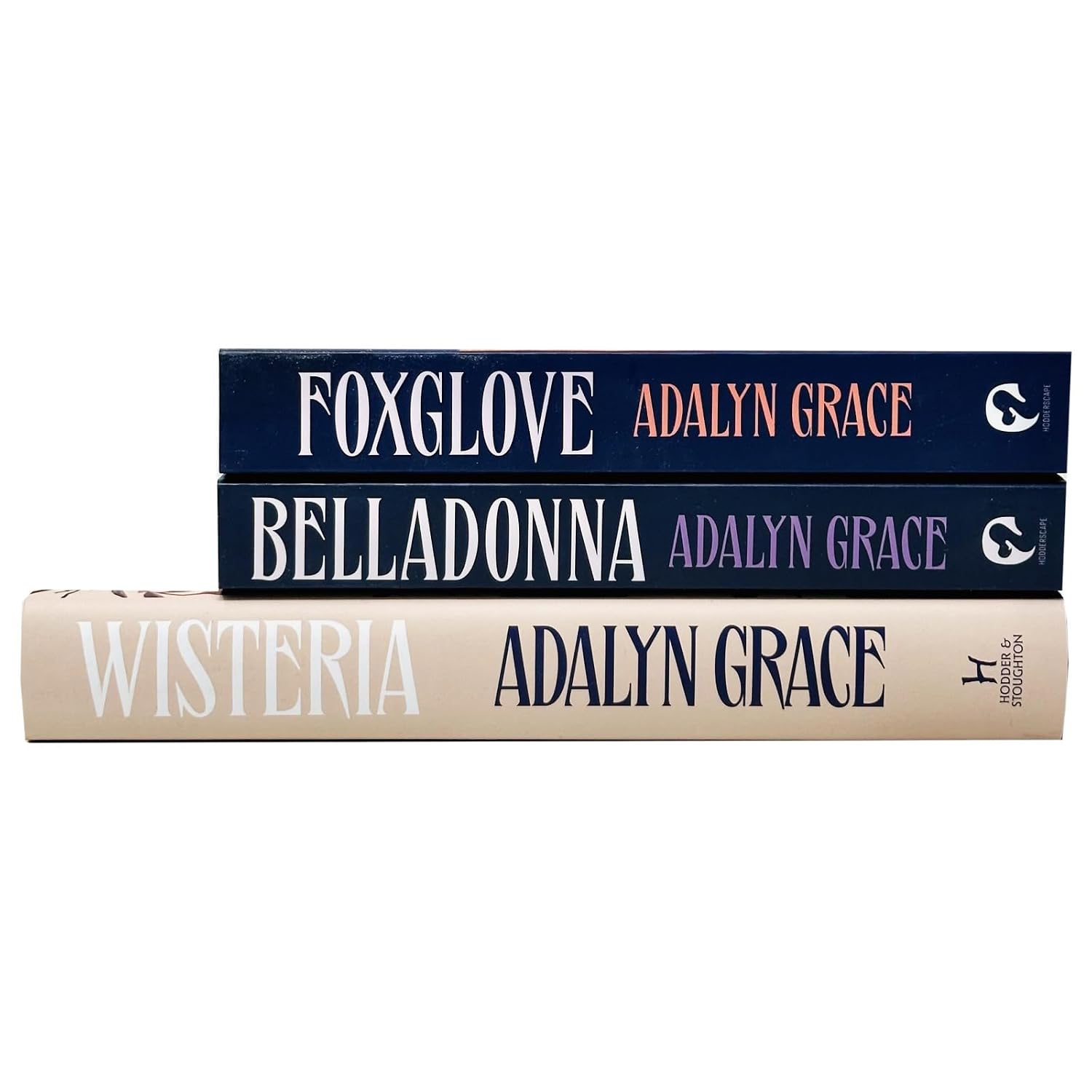 Belladonna, Foxglove and Wisteria hardback books by Adalyn Grace stacked together, young adult gothic fantasy romance set