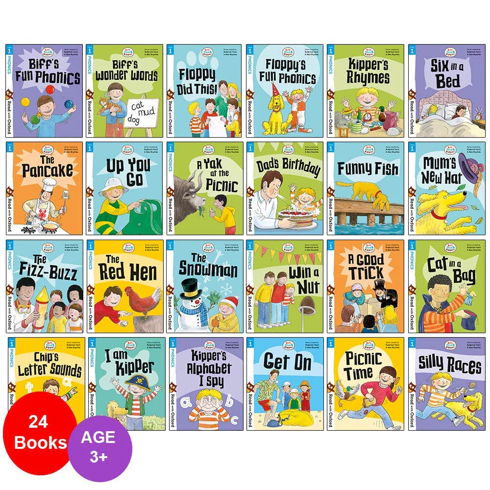 Close-up of Biff, Chip and Kipper Stage 1 paperback books showing titles included in the 24-book Read with Oxford collection