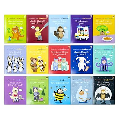 Big Questions from Little Learners 15 paperback books laid out showing individual why-question titles for ages 3-9