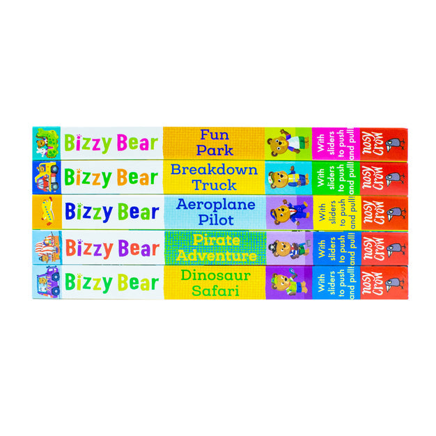 Interior page of Bizzy Bear board book showing push and pull slider mechanism for toddlers