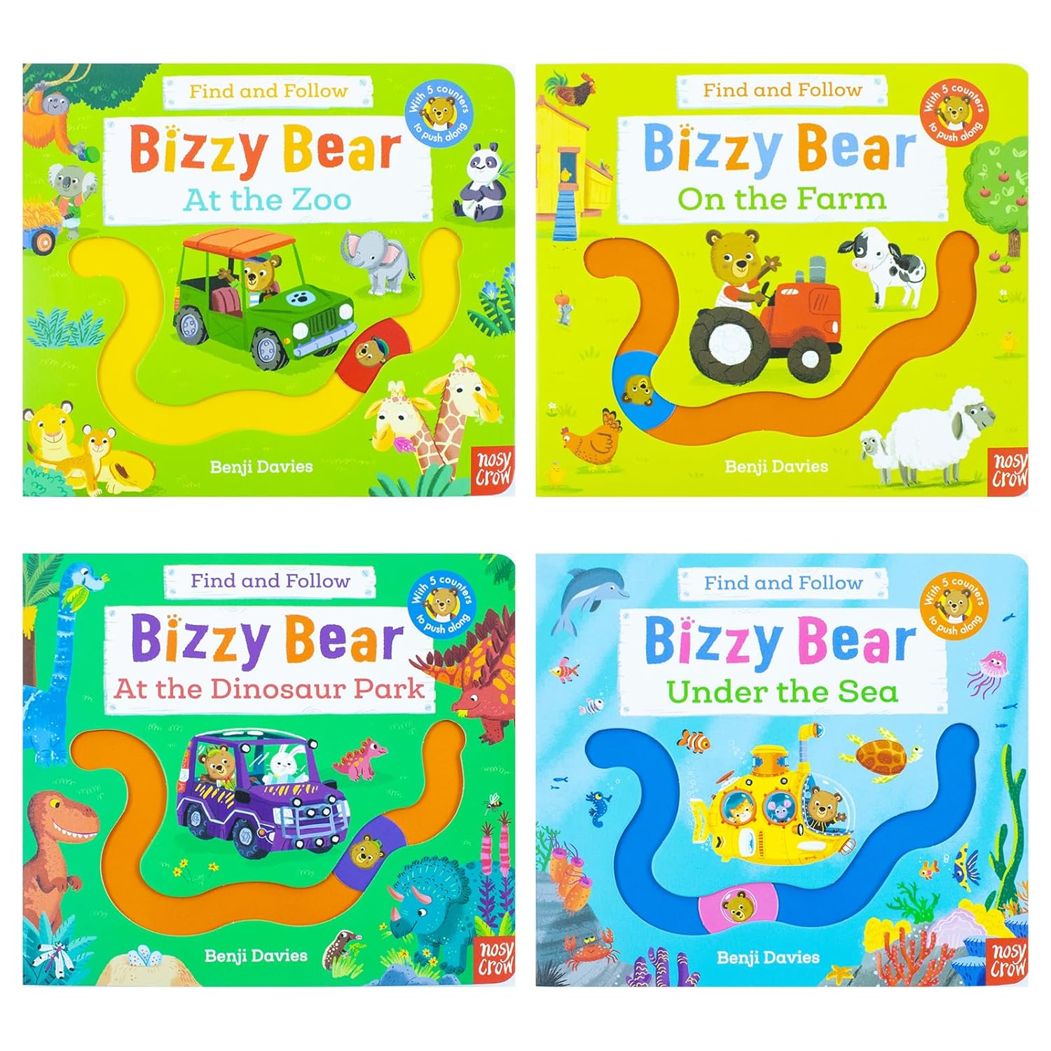 Bizzy Bear Find and Follow 4 Books Collection Set by Benji Davies, Nosy Crow board books for toddlers