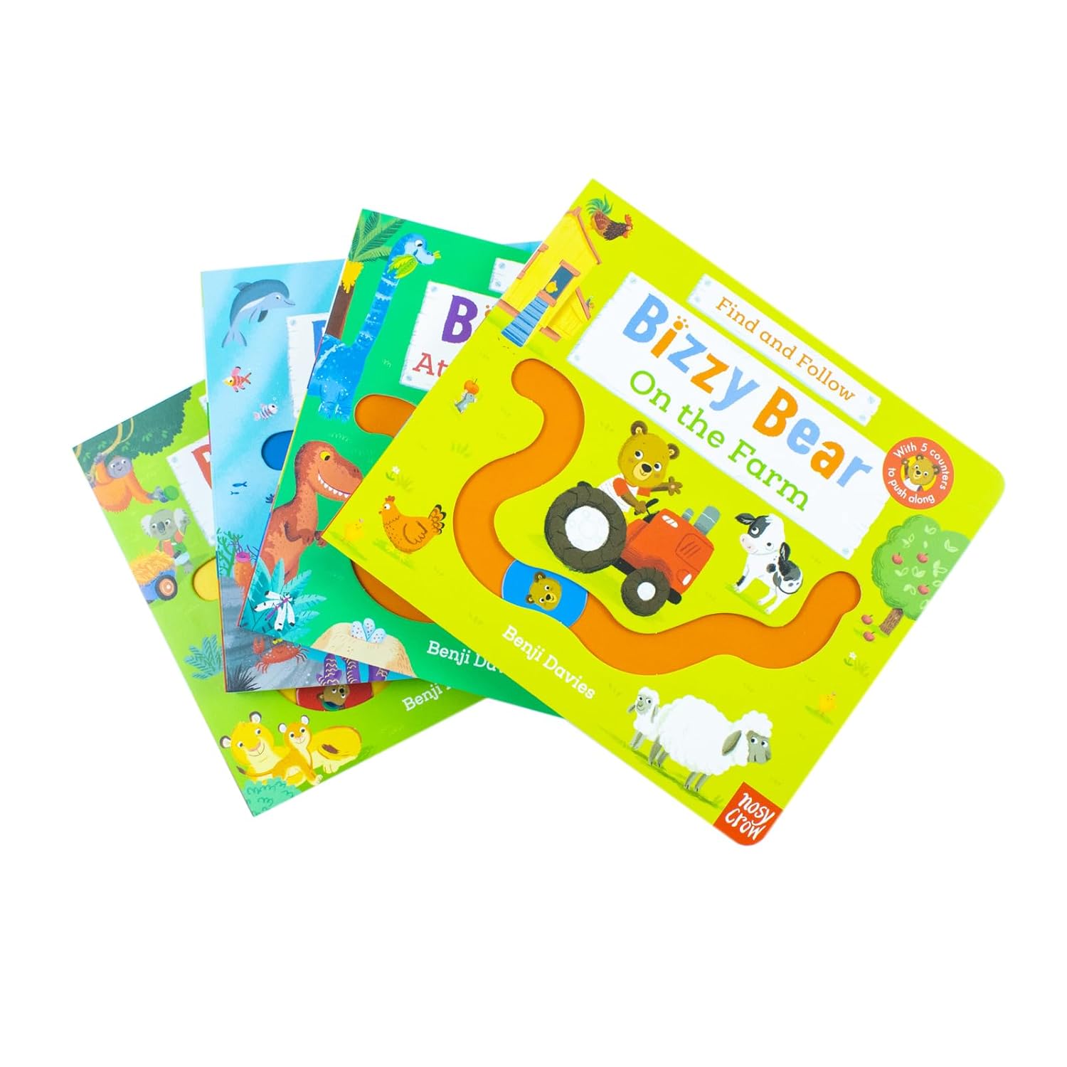 Bizzy Bear Find and Follow At The Zoo board book with sliding counters, ages 2-5