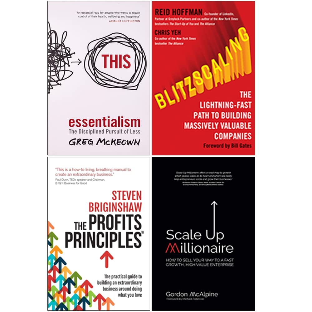 Blitzscaling, Essentialism, Scale Up Millionaire & The Profits Principles 4 Books Collection Set - Paperback business book bundle front cover