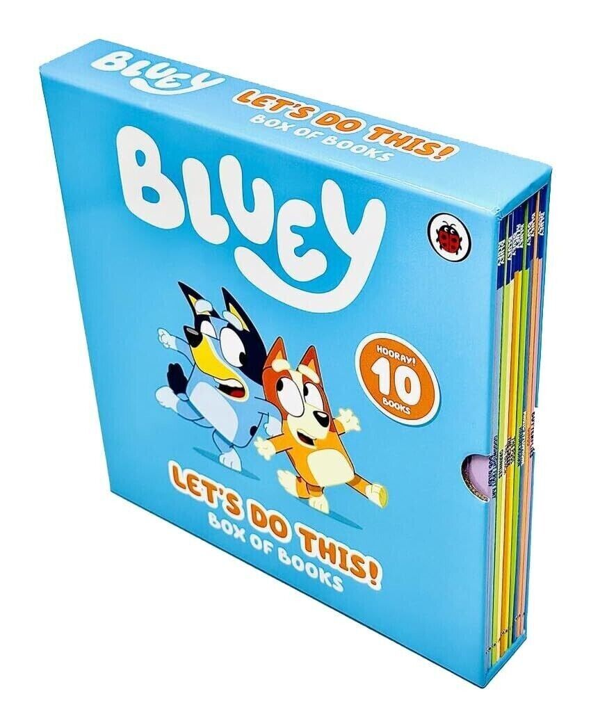 Bluey Let's Do This! 10 Book Collection Box Set paperback back cover showing all ten titles - Ages 3-7